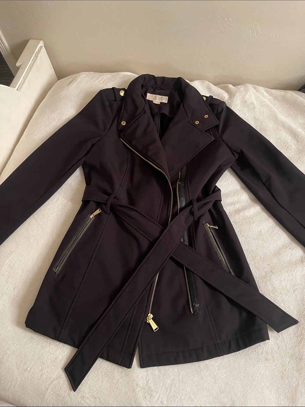 Michael Kors Black Belted Trench Coat with Gold Hardware